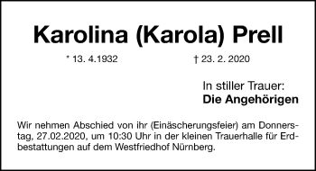 Traueranzeige von Karolina Prell von Gesamtausgabe Nürnberger Nachrichten/ Nürnberger Ztg.
