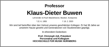 Traueranzeige von Dieter Buwen von Gesamtausgabe Nürnberger Nachrichten/ Nürnberger Ztg.