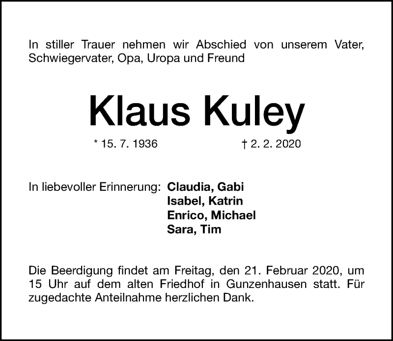  Traueranzeige für Klaus Kuley vom 19.02.2020 aus Altmühl-Bote Lokal