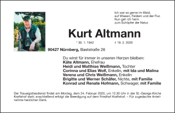 Traueranzeige von Kurt Altmann von Gesamtausgabe Nürnberger Nachrichten/ Nürnberger Ztg.