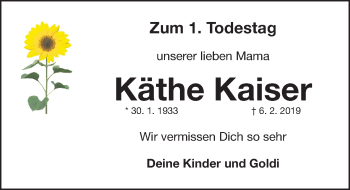 Traueranzeige von Käthe Kaiser von Gesamtausgabe Nürnberger Nachrichten/ Nürnberger Ztg.