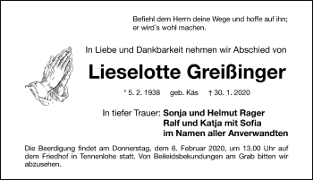 Traueranzeige von Lieselotte Greißinger von Gesamtausgabe Nürnberger Nachrichten/ Nürnberger Ztg.