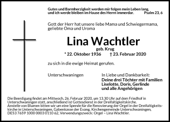 Traueranzeige von Lina Wachtler von Altmühl-Bote Lokal