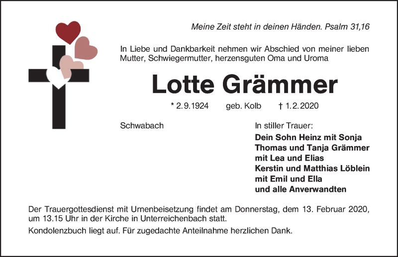  Traueranzeige für Lotte Grämmer vom 08.02.2020 aus Schwabach