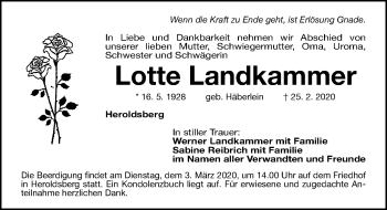 Traueranzeige von Lotte Landkammer von Gesamtausgabe Nürnberger Nachrichten/ Nürnberger Ztg.