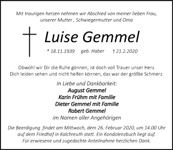 Traueranzeige von Luise Gemmel von Gesamtausgabe Nürnberger Nachrichten/ Nürnberger Ztg.
