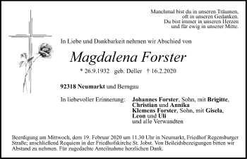 Traueranzeige von Magdalena Forster von Neumarkter Nachrichten Lokal