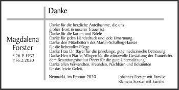Traueranzeige von Magdalena Forster von Neumarkter Nachrichten Lokal