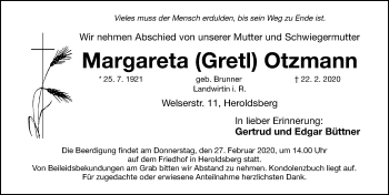 Traueranzeige von Margareta Otzmann von Gesamtausgabe Nürnberger Nachrichten/ Nürnberger Ztg.