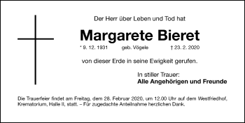 Traueranzeige von Margarete Bieret von Gesamtausgabe Nürnberger Nachrichten/ Nürnberger Ztg.