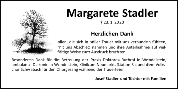 Traueranzeige von Margarete Stadler von Schwabach