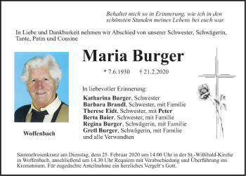 Traueranzeige von Maria Burger von Neumarkter Nachrichten Lokal