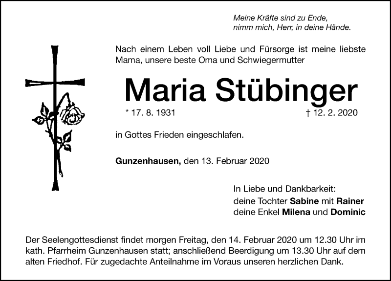  Traueranzeige für Maria Stübinger vom 13.02.2020 aus Altmühl-Bote Lokal