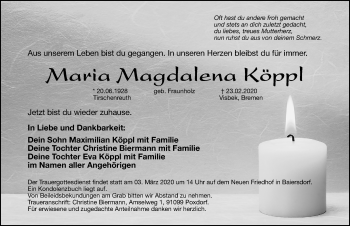 Traueranzeige von Maria Magdalena Köppl von Erlanger Nachrichten/ Nordbayer. Nachrichten Forchheim