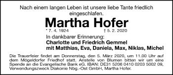 Traueranzeige von Martha Hofer von Gesamtausgabe Nürnberger Nachrichten/ Nürnberger Ztg.