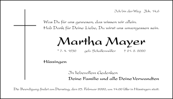 Traueranzeige von Martha Mayer von Altmühl-Bote Lokal