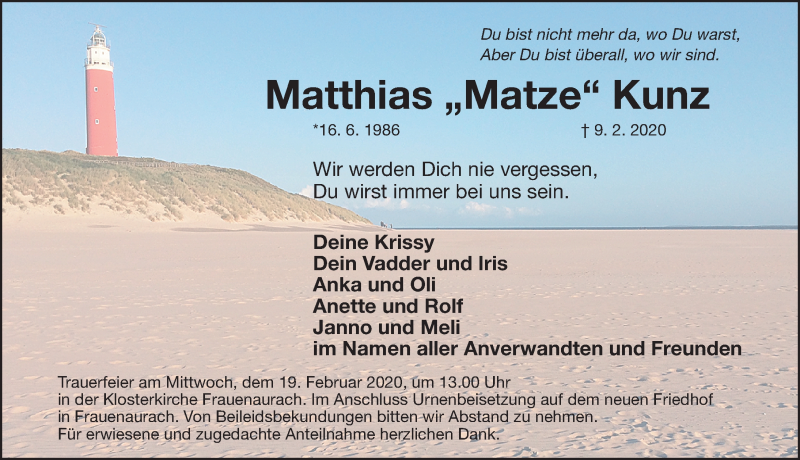  Traueranzeige für Matthias  Kunz vom 15.02.2020 aus Erlanger Nachrichten Lokal