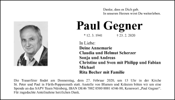 Traueranzeige von Paul Gegner von Gesamtausgabe Nürnberger Nachrichten/ Nürnberger Ztg.