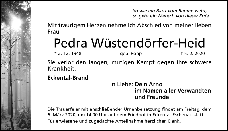  Traueranzeige für Pedra Wüstendörfer-Heid vom 29.02.2020 aus Gesamtausgabe Nürnberger Nachrichten/ Nürnberger Ztg.