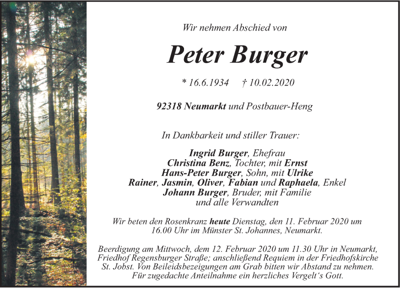  Traueranzeige für Peter Burger vom 11.02.2020 aus Neumarkter Nachrichten Lokal