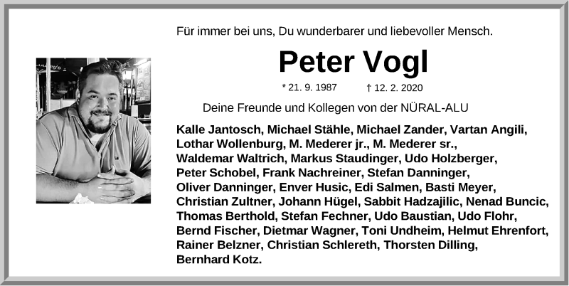  Traueranzeige für Peter Vogl vom 20.02.2020 aus Gesamtausgabe Nürnberger Nachrichten/ Nürnberger Ztg.