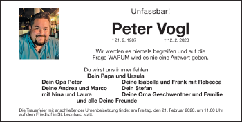 Traueranzeige von Peter Vogl von Gesamtausgabe Nürnberger Nachrichten/ Nürnberger Ztg.