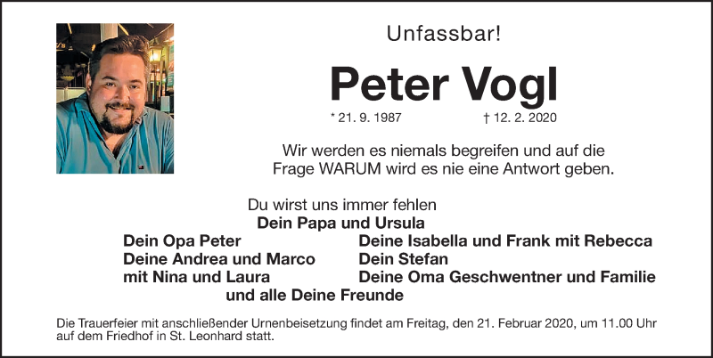  Traueranzeige für Peter Vogl vom 19.02.2020 aus Gesamtausgabe Nürnberger Nachrichten/ Nürnberger Ztg.