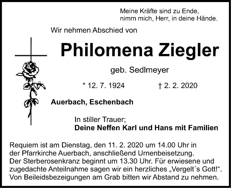  Traueranzeige für Philomena Ziegler vom 06.02.2020 aus Nordbayerische Nachrichten Pegnitz Lokal