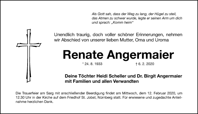  Traueranzeige für Renate Angermaier vom 10.02.2020 aus Gesamtausgabe Nürnberger Nachrichten/ Nürnberger Ztg.
