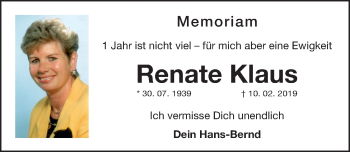 Traueranzeige von Renate Klaus von Gesamtausgabe Nürnberger Nachrichten/ Nürnberger Ztg.