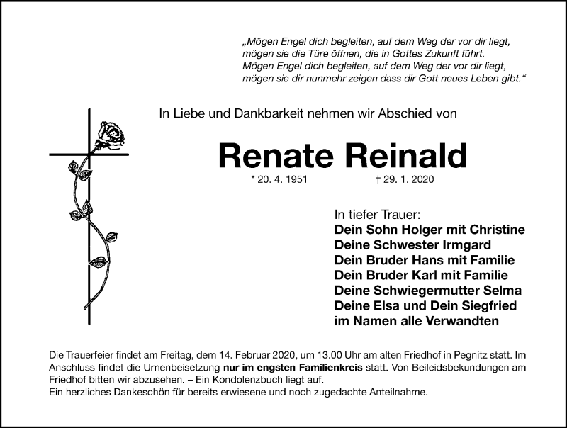  Traueranzeige für Renate Reinald vom 10.02.2020 aus Nordbayerische Nachrichten Pegnitz Lokal