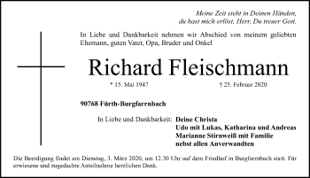 Traueranzeige von Richard Fleischmann von Fürther Nachrichten Lokal