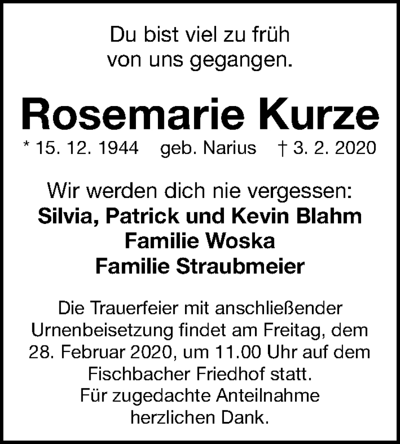  Traueranzeige für Rosemarie Kurze vom 22.02.2020 aus Gesamtausgabe Nürnberger Nachrichten/ Nürnberger Ztg.
