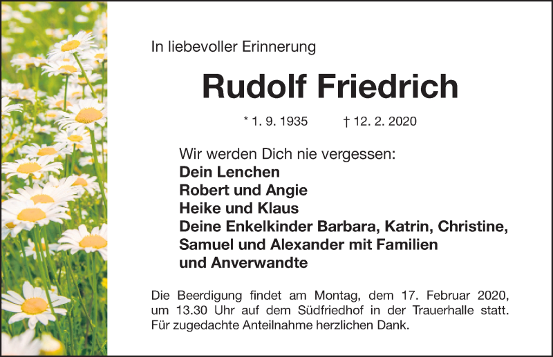  Traueranzeige für Rudolf Friedrich vom 15.02.2020 aus Gesamtausgabe Nürnberger Nachrichten/ Nürnberger Ztg.