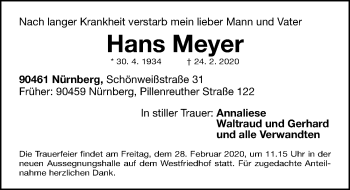 Traueranzeige von Hans Meyer von Gesamtausgabe Nürnberger Nachrichten/ Nürnberger Ztg.