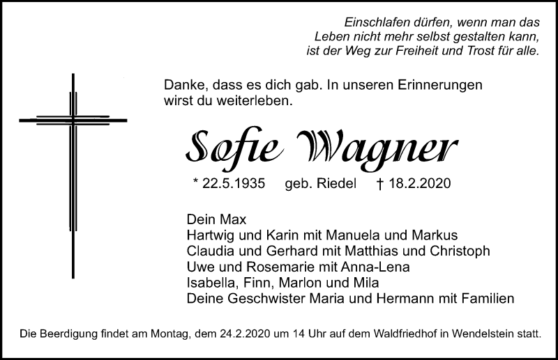  Traueranzeige für Sofie Wagner vom 21.02.2020 aus Schwabach