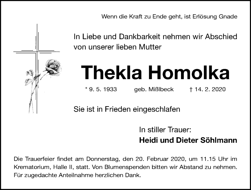  Traueranzeige für Thekla Homolka vom 15.02.2020 aus Gesamtausgabe Nürnberger Nachrichten/ Nürnberger Ztg.