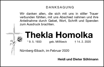 Traueranzeige von Thekla Homolka von Gesamtausgabe Nürnberger Nachrichten/ Nürnberger Ztg.
