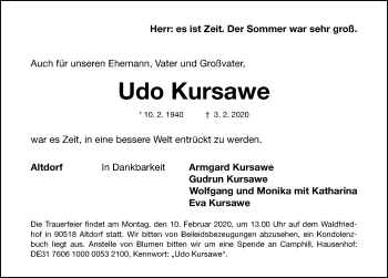 Traueranzeige von Udo Kursawe von Gesamtausgabe Nürnberger Nachrichten/ Nürnberger Ztg.