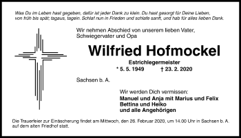 Traueranzeige von Wilfried Hofmockel von Gesamtausgabe Nürnberger Nachrichten/ Nürnberger Ztg.