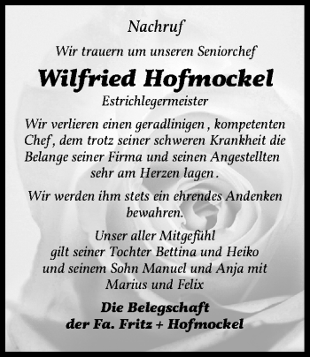 Traueranzeige von Wilfried Hofmockel von Gesamtausgabe Nürnberger Nachrichten/ Nürnberger Ztg.