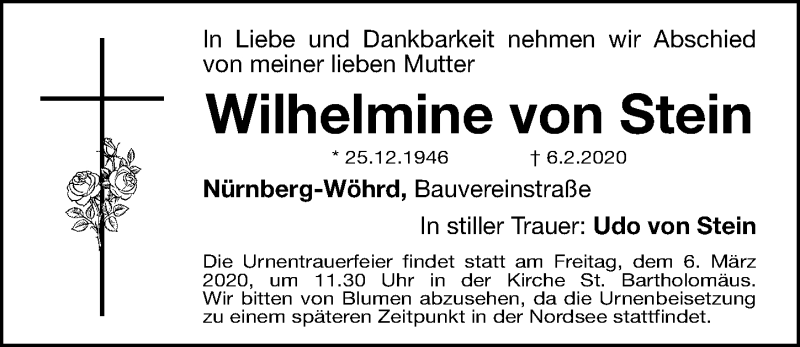  Traueranzeige für Wilhelmine von Stein vom 29.02.2020 aus Gesamtausgabe Nürnberger Nachrichten/ Nürnberger Ztg.