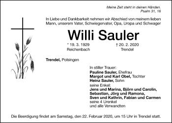Traueranzeige von Willi Sauler von Altmühl-Bote Lokal