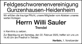 Traueranzeige von Willi Sauler von Altmühl-Bote Lokal