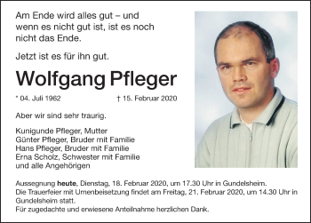 Traueranzeige von Wolfgang Pfleger von Weißenburger Tagblatt u.Treuchtlinger Kurier Lokal