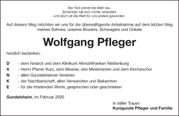 Traueranzeige von Wolfgang Pfleger von Weißenburger Tagblatt u.Treuchtlinger Kurier Lokal
