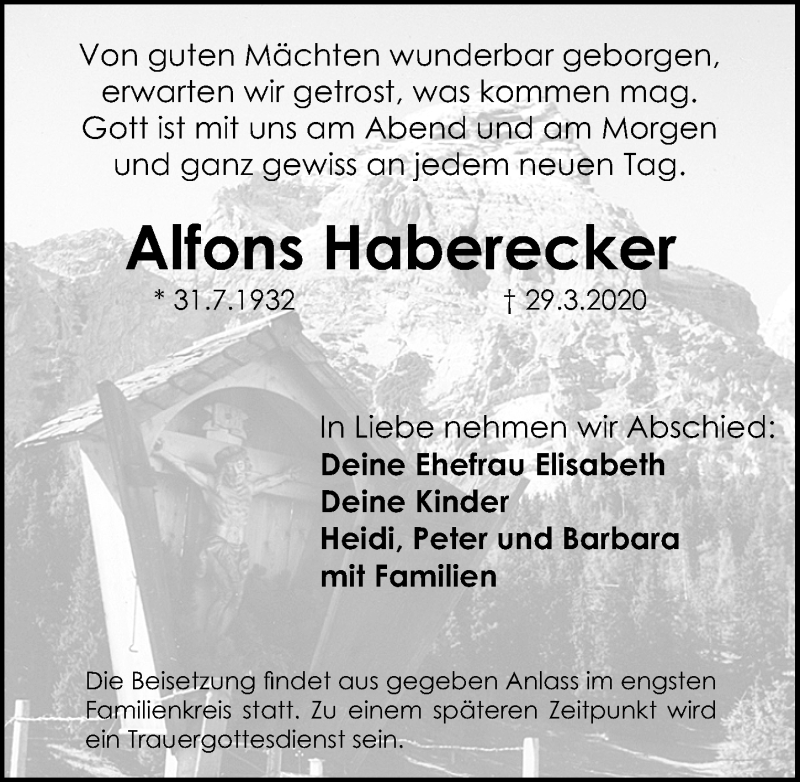 Traueranzeige für Alfons Haberecker vom 01.04.2020 aus Gesamtausgabe Nürnberger Nachrichten/ Nürnberger Ztg.