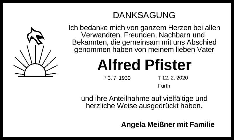  Traueranzeige für Alfred Pfister vom 14.03.2020 aus Fürther Nachrichten Lokal