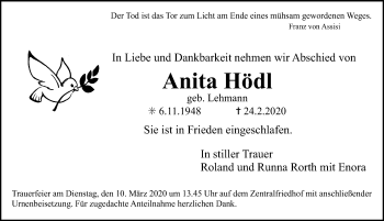 Traueranzeige von Anita Hödl von Erlanger Nachrichten Lokal