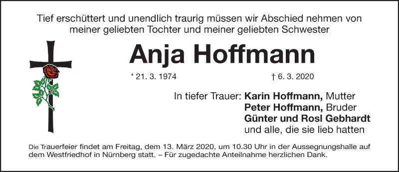  Traueranzeige für Anja Hoffmann vom 11.03.2020 aus Gesamtausgabe Nürnberger Nachrichten/ Nürnberger Ztg.